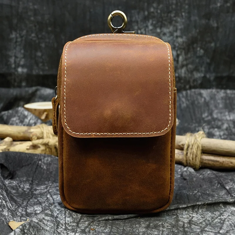 

Men's Retro Leather Fanny Pa Double Layer Wear Belt Hanging Bag Top Layer Cowhide Mobile Phone Bag Autumn Winter