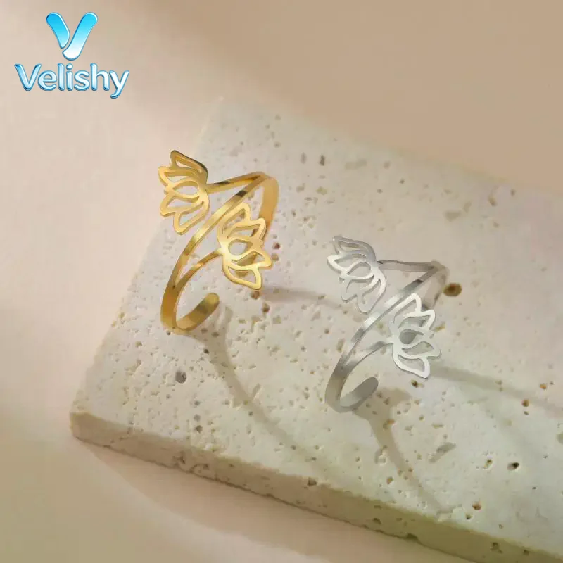Ethnic Style Lotus Flower Open Ring Women Stainless Steel Adjustable Exquisite Finger Ring for Cultural Festival Wear Gift