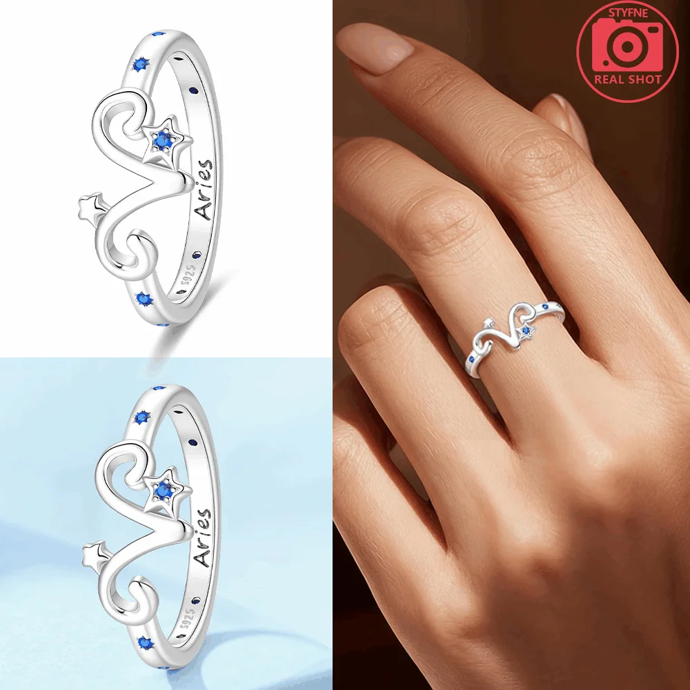 

925 Silver Aries Ring Zodiac Star Blue Crystal Women's Jewelry Fine Gift Daily Wear Birthday Valentine's Design