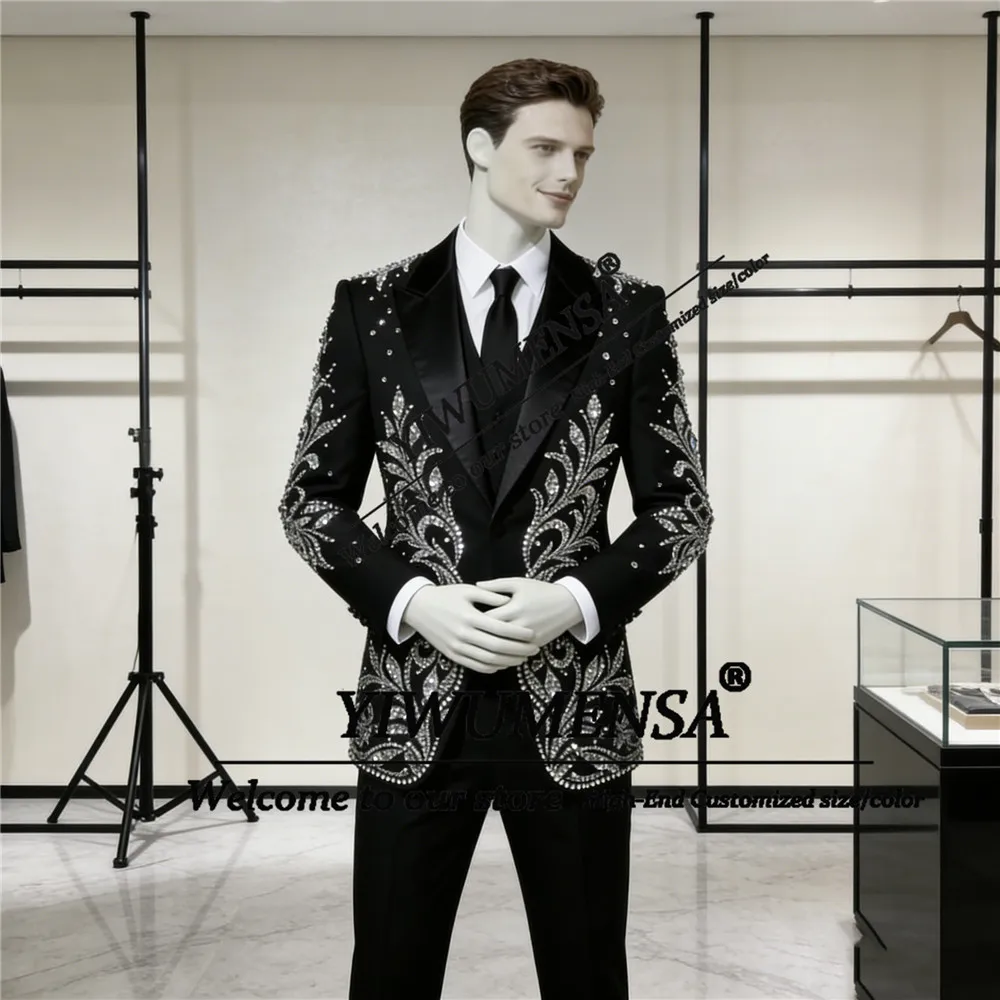 

Мужские костюмы с блестящими бусинами и кристаллами для свадьбы, однобортные пиджаки, индивидуальный пошив, мужские смокинги для банкетов, костюмы из 2 предметов, Homme