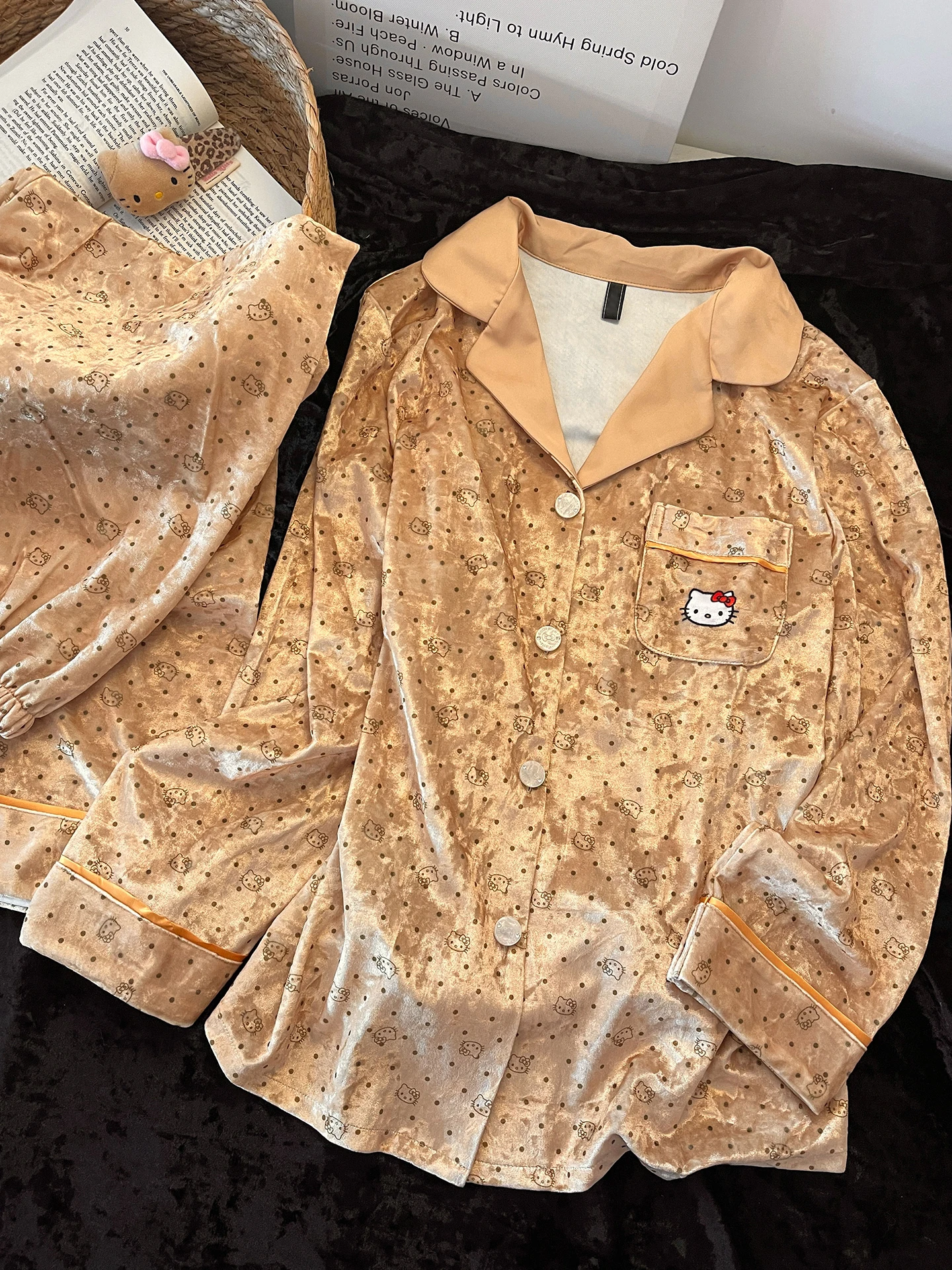 Kawaii Sanrio Hello Kitty Sleepwear Women's Autumn Winter Long Sleeves Long Pants Warm Home Clothes Two Piece Set Girl Gift Toys