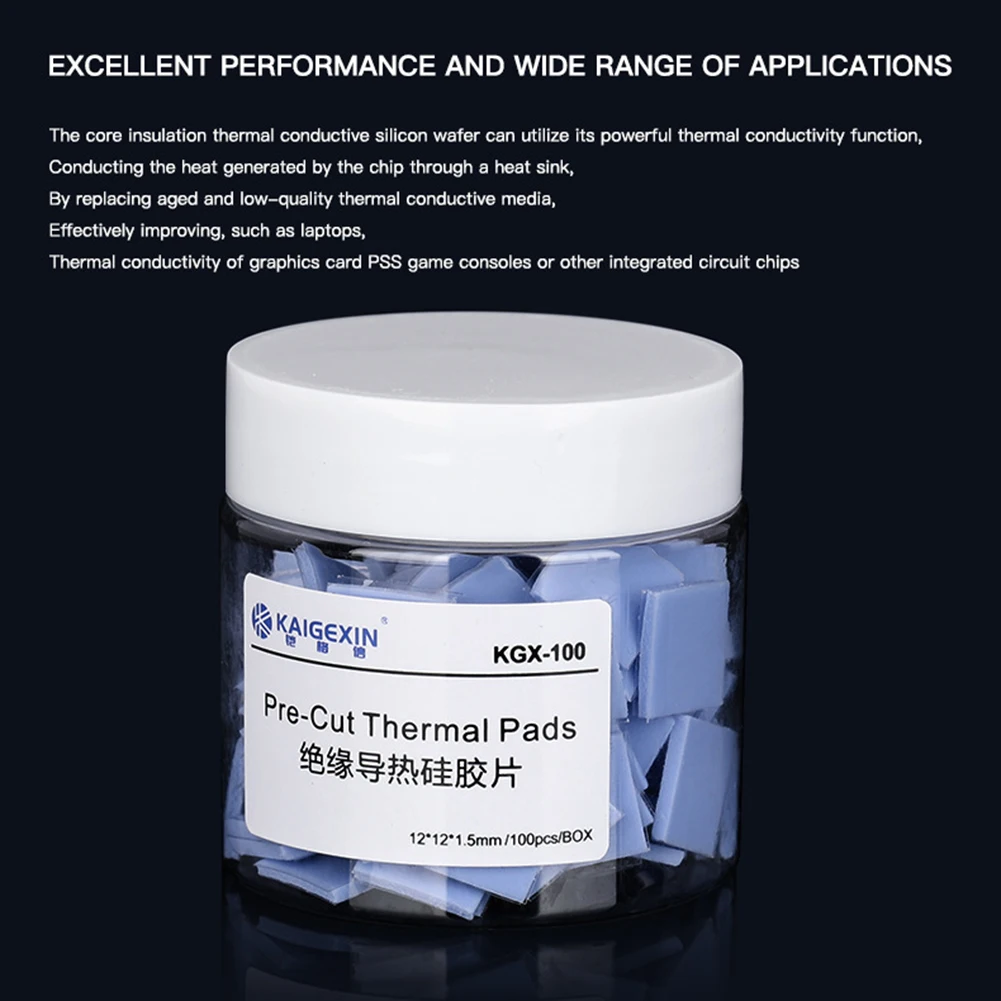 Silicone graxa térmica Pad, condutora, resistente ao calor, dissipação de calor rápido, GPU CPU Repair, 12x12x1,5 milímetros, 100pcs