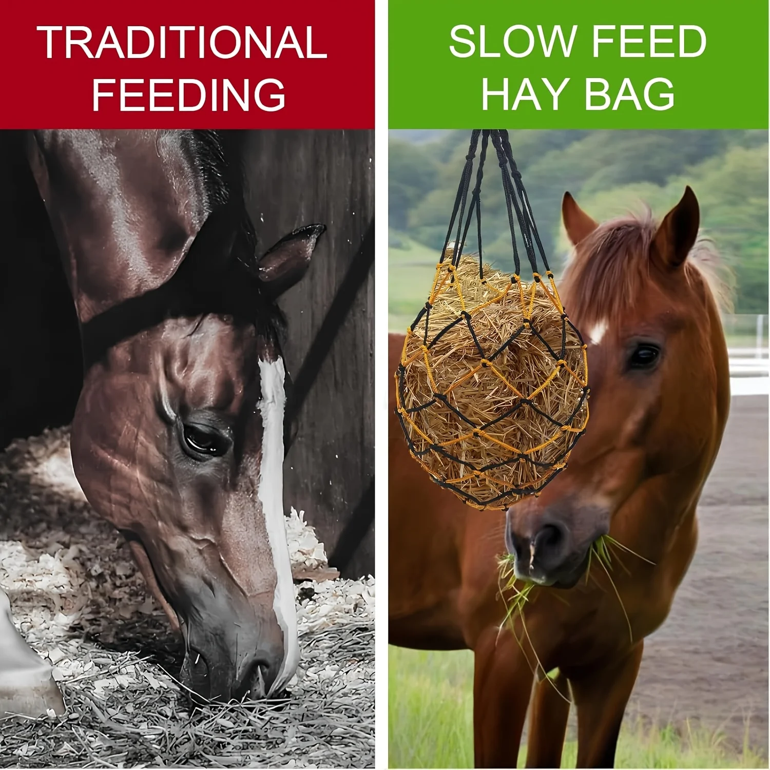 Slow-feed hay bag, suitable for horses, goats, and donkeys, 33 inches long, designed for hanging in trailers and stables (black
