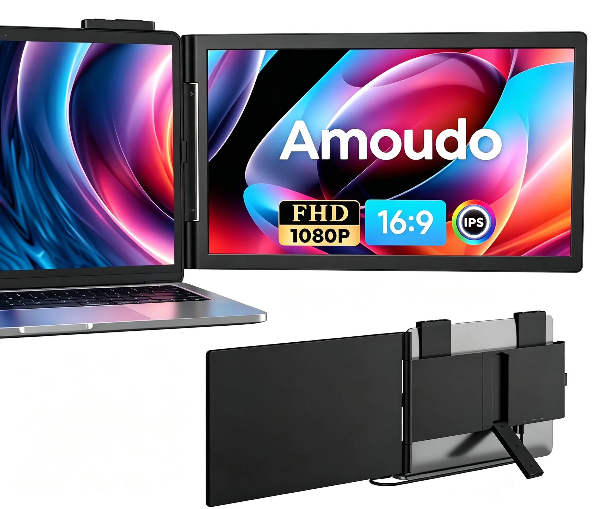 Moniteur portable Amoudo 14 pouces FHD 1080P 60HZ écran IPS, extension d'écran double pour ordinateur portable Windows Mac Android.