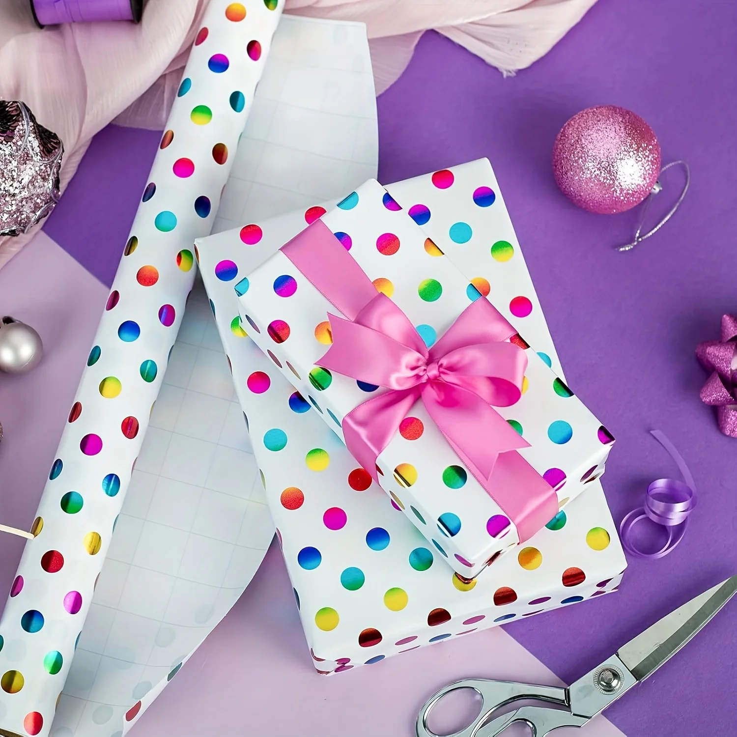 1 لفة من ورق تغليف منقط ملون بألوان قوس قزح - لفافة هدايا صغيرة لأعياد الميلاد والعطلات والحفلات والأولاد والبنات - 43 × 300 سم #6