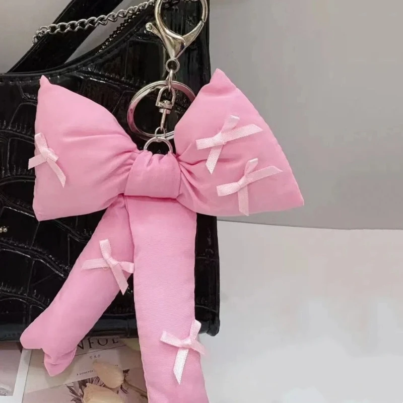 Porte-clés en peluche avec nœud à carreaux bleu rose, pendentif de sac à dos pour fille mignonne et douce, décoration suspendue pour voiture, cadeau de Festival, nouvelle collection