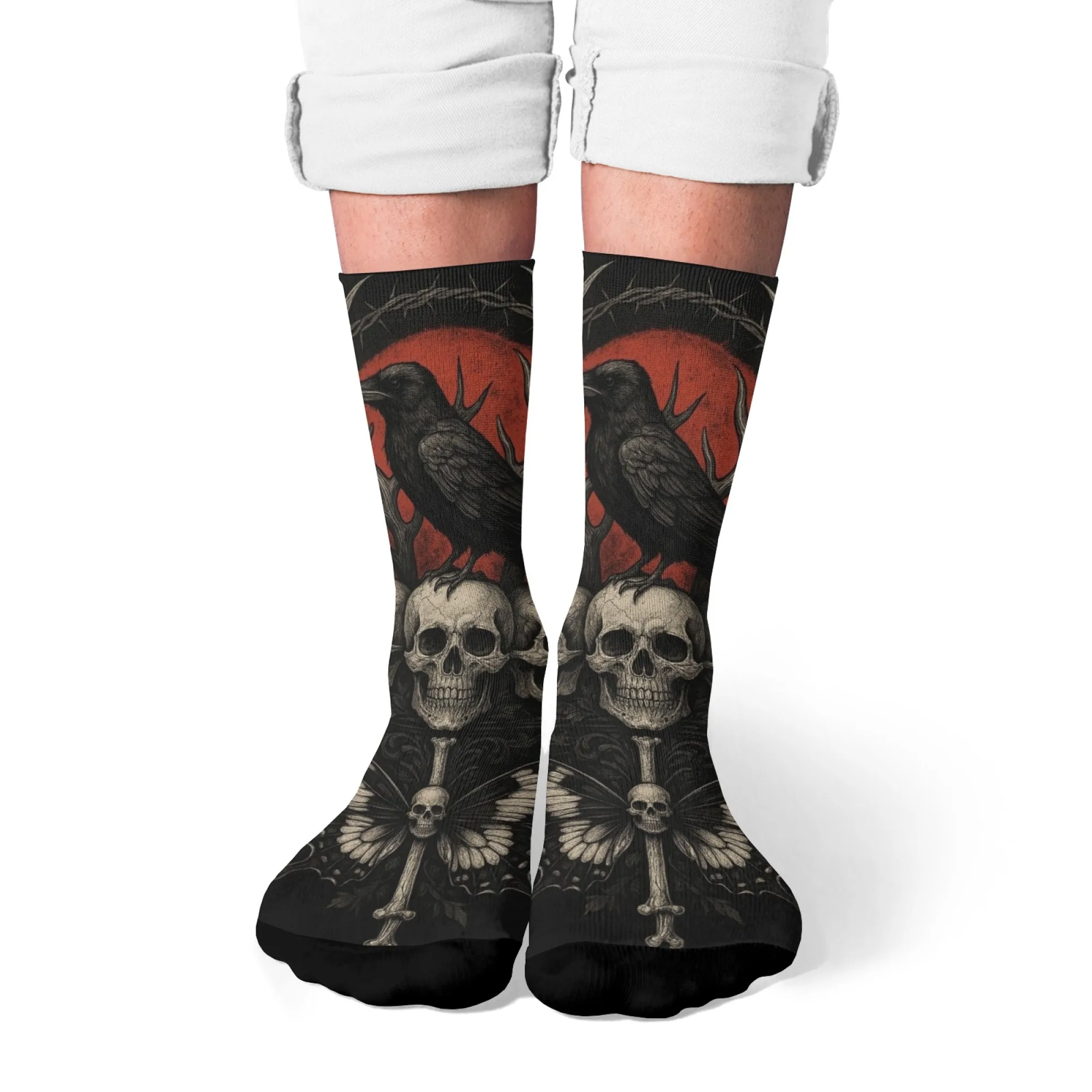 

Unisex Gothic Raven & Skull Dark Art Crew Sock，Rebellious Personality Halloween Style，Novelty Street Horror Fashion Party Socks