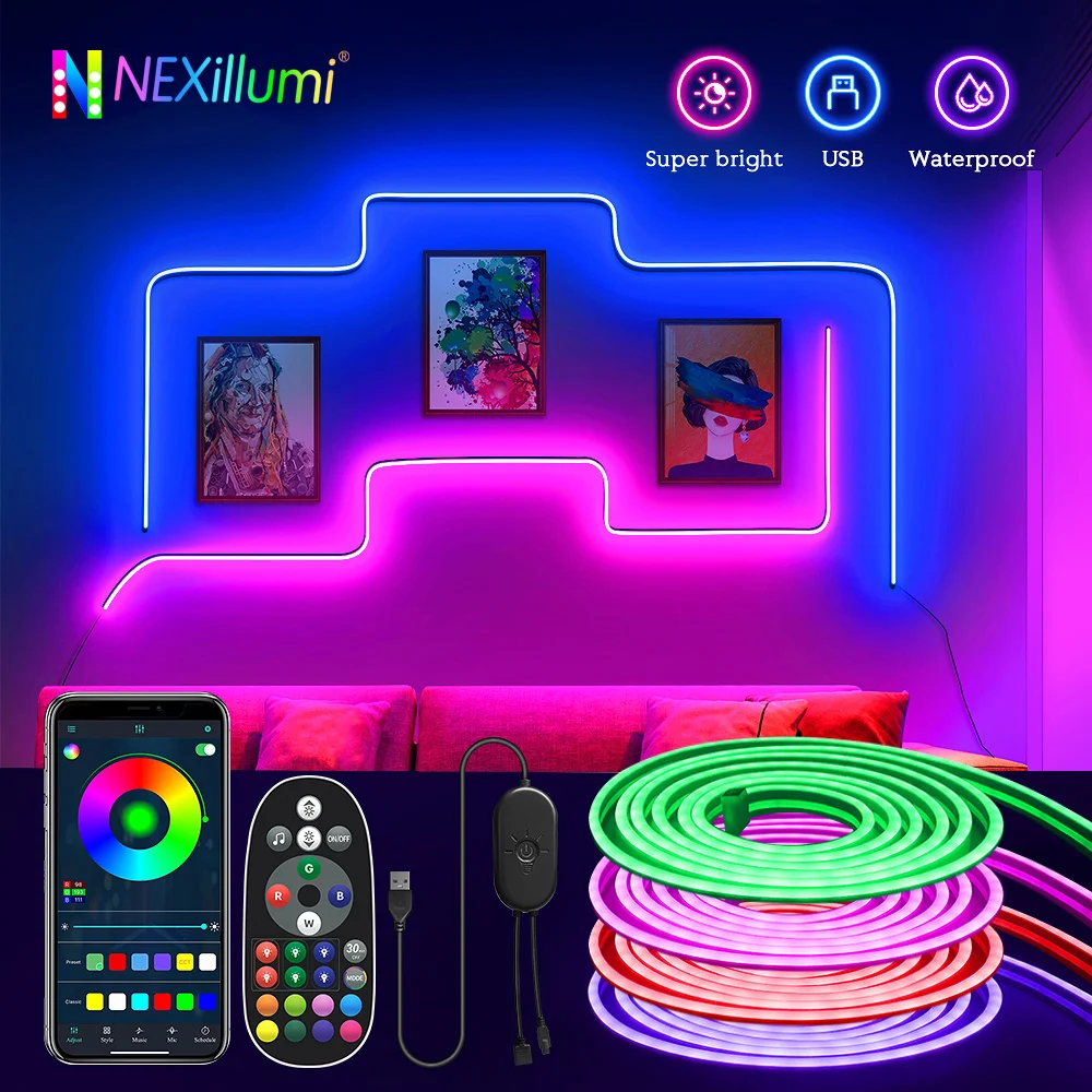 10m USB RGB LED Neon Light Strip, 5V 72LEDs/m Silikonowa lina Bluetooth z pilotem, APP Synchronizacja muzyki Wodoodporne podświetlenie TV Decor