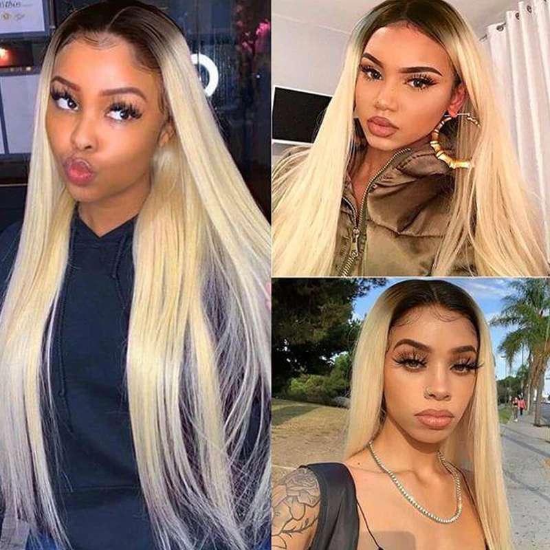 T1B/613 Ombre Blonde Lace Front Human Hair Wigs For Women Brazilian Remy Straight Pre Plucked 13x4 Lace Wig 150% Density SOKU