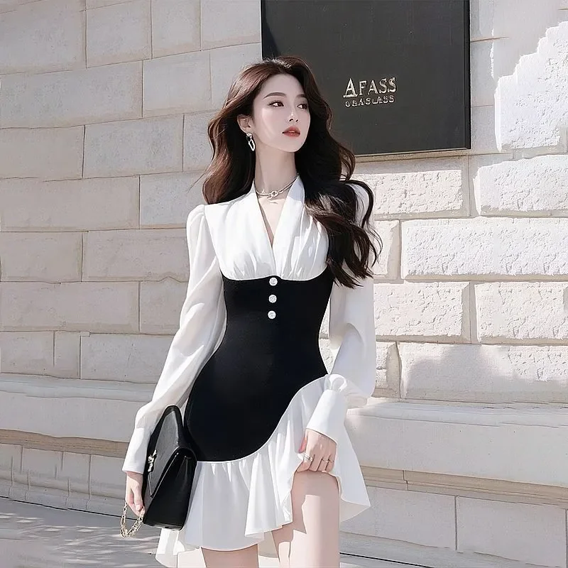 Elegant Contrast Mini Dresses Women Deep V Puff Long Sleeve Crystal Buttons Asymmetrical Ruffle Hem Slim Bodycon Club Outfit