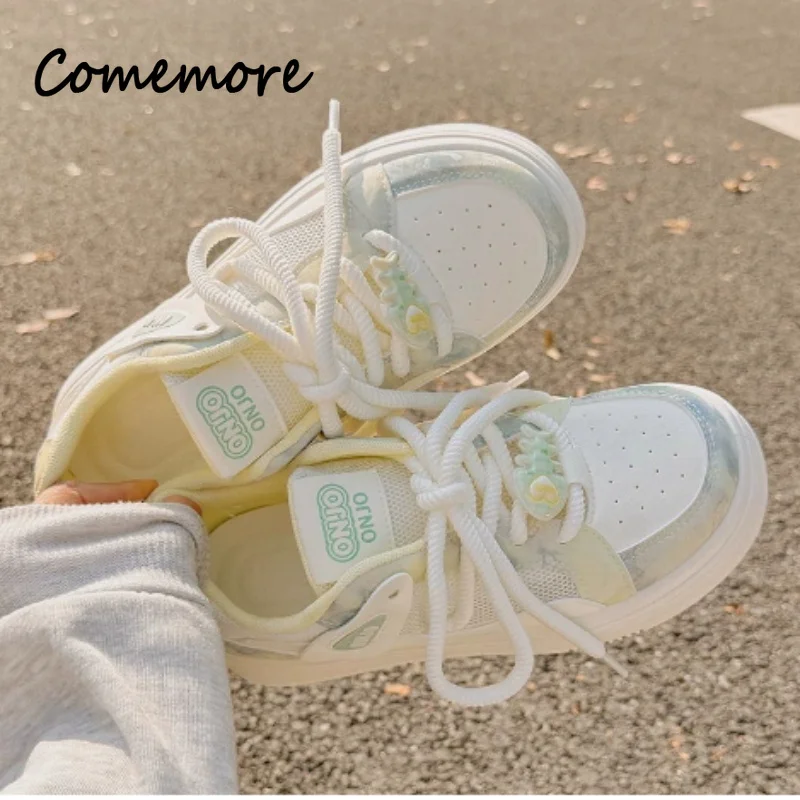Comemore 2026 New Lace Hollow Out Breathable Mesh Summer Flats Casual Vulcanize Girls' Shoes Sneakers for Women Zapatillas Mujer