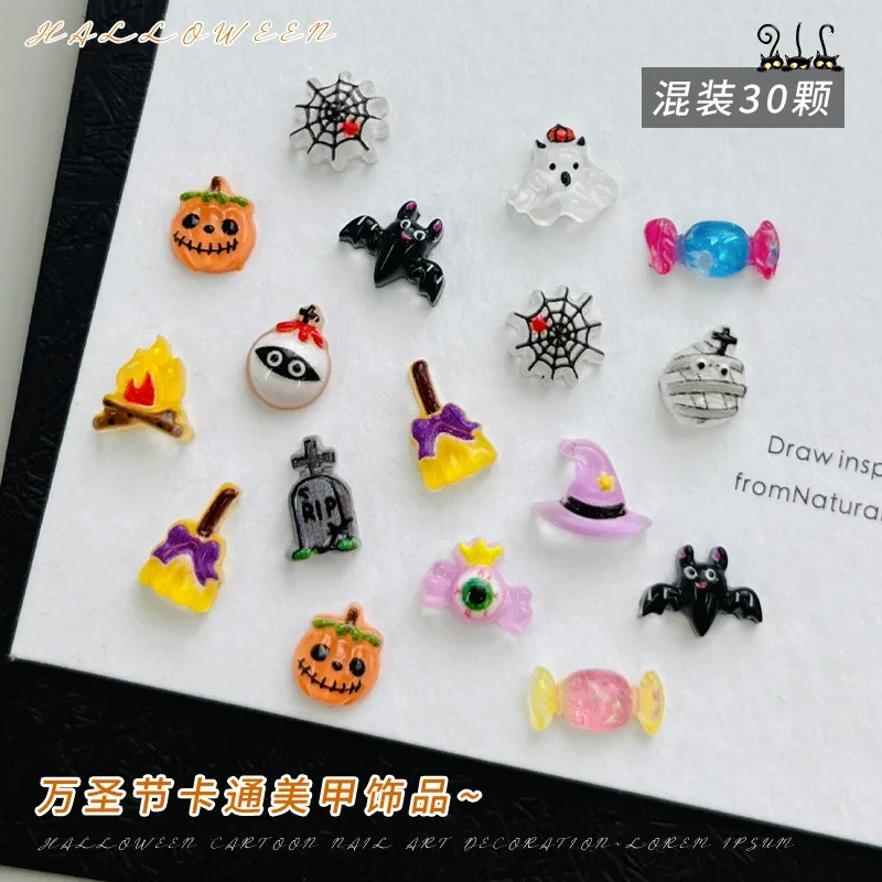 หัวกะโหลกค้างคาวใยแมงมุมไม้กวาดลูกอมฟักทองฮาโลวีนเครื่องประดับเชอร์รี่สตรอเบอร์รี่สตาร์คริสต์มาสเล็บอุปกรณ์ตกแต่งเครื่องมือ