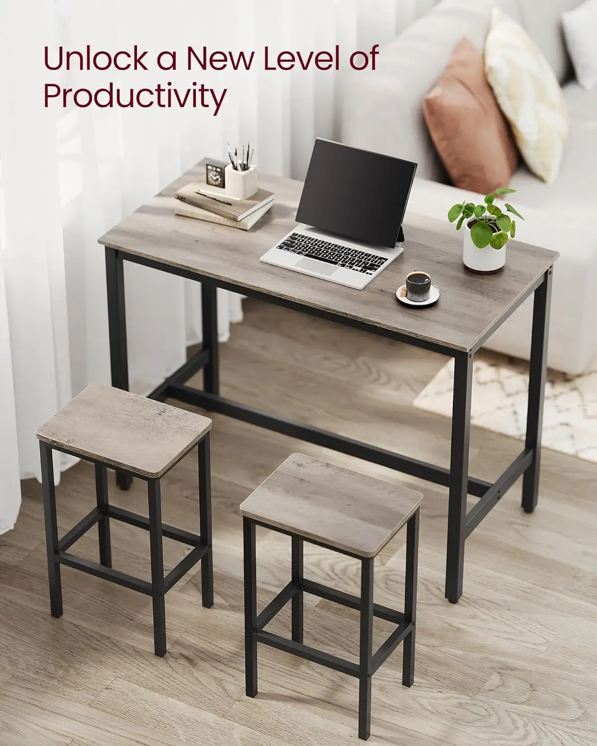 طقم طاولة بار مع مقعدين، طقم طعام لطاولة المطبخ الصناعية، رمادي وأسود ULBT015B02