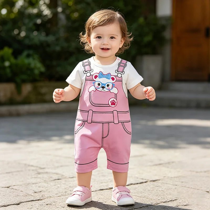 Newborn Infant Romper Fake Overalls Design Cartoon Brown Bear/Pink Bear/Cow Print Short Long Sleeve Baby One Piece Outfit