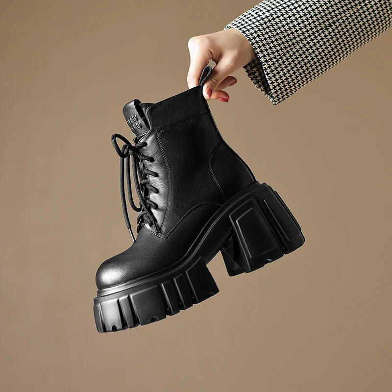 

Autumn Winter Fashion Women Boots Thick-heeled Motorcycle Boots Genuine Leather High-quality Shoes