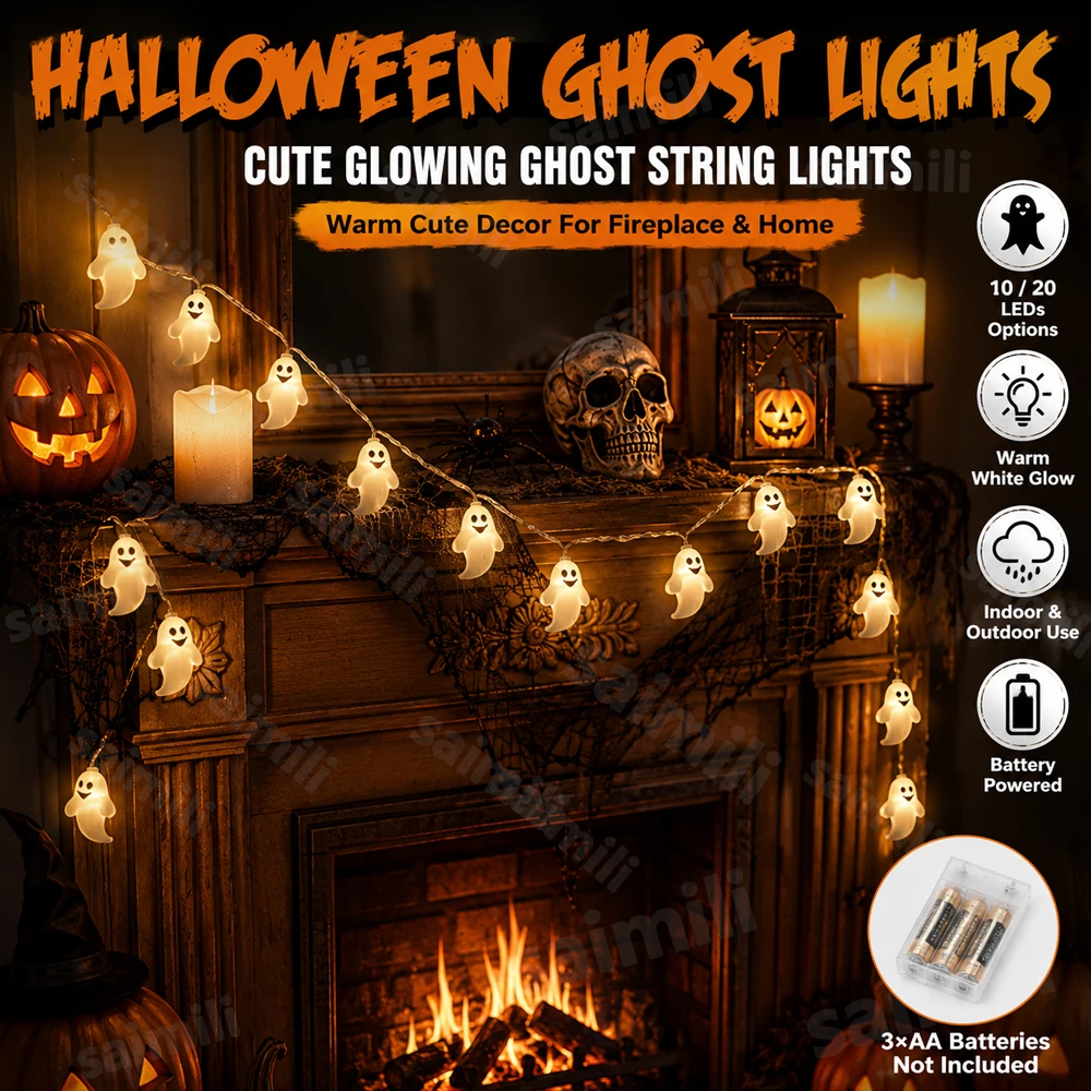 Battery Powered Halloween Ghost LED String Lights Warm White Spooky Lamp For Home Yard Porch Halloween Party Decor Light