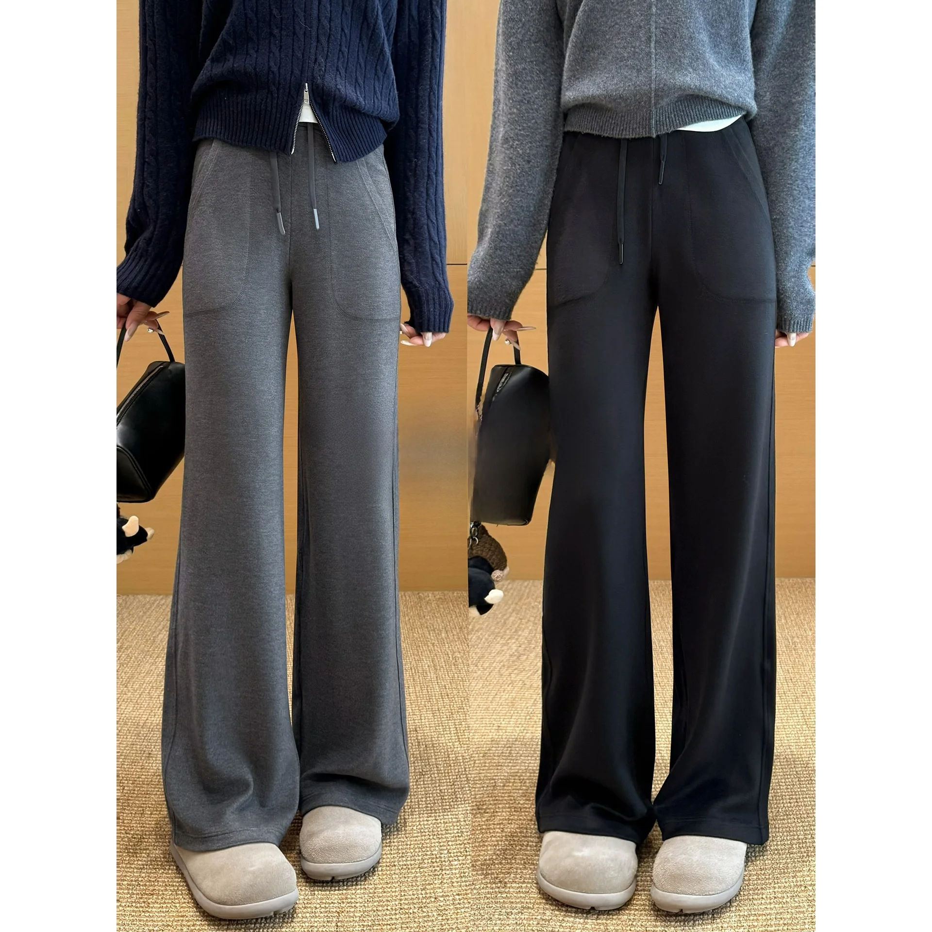 

Long Leg Slimming Woolen Wide Leg Pants Casual Yoga Trousers Women's Island eep Camere Straight Cut Trousers G059
