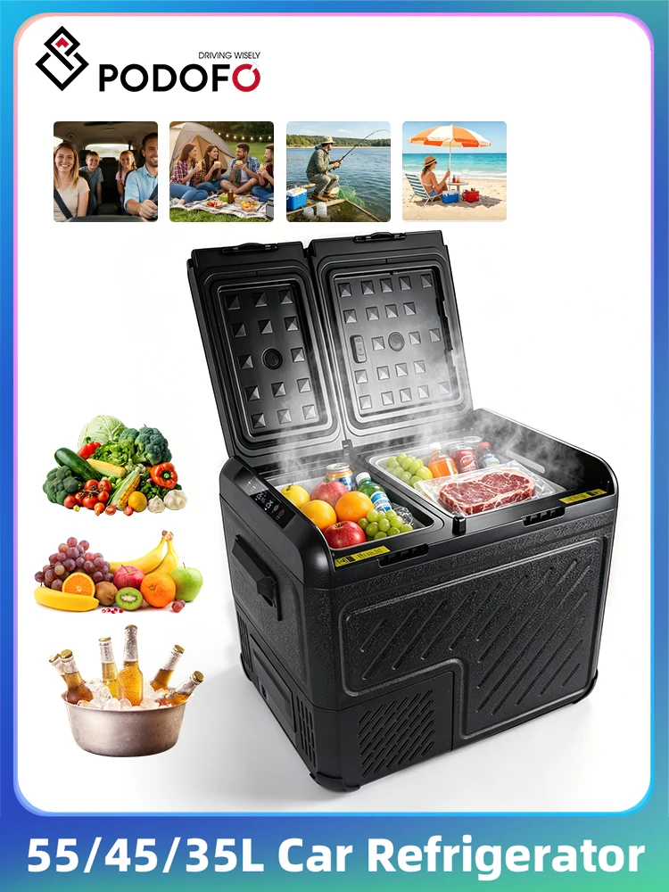 Podofo 35L/45L/55L Auto-Kühlbox Tragbarer Kompressor-Kühler für Reisen und Camping Auto-Kühlschrank Leiser Betrieb LED-Licht Eisbox
