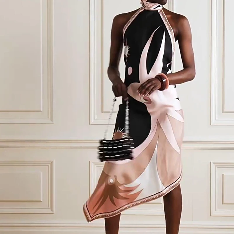 セクシーなサスペンダー不規則なプリントドレス夏の新しい背中の開いたノースリーブパーティードレスヴィンテージサテンスリム休暇ワンピースローブ