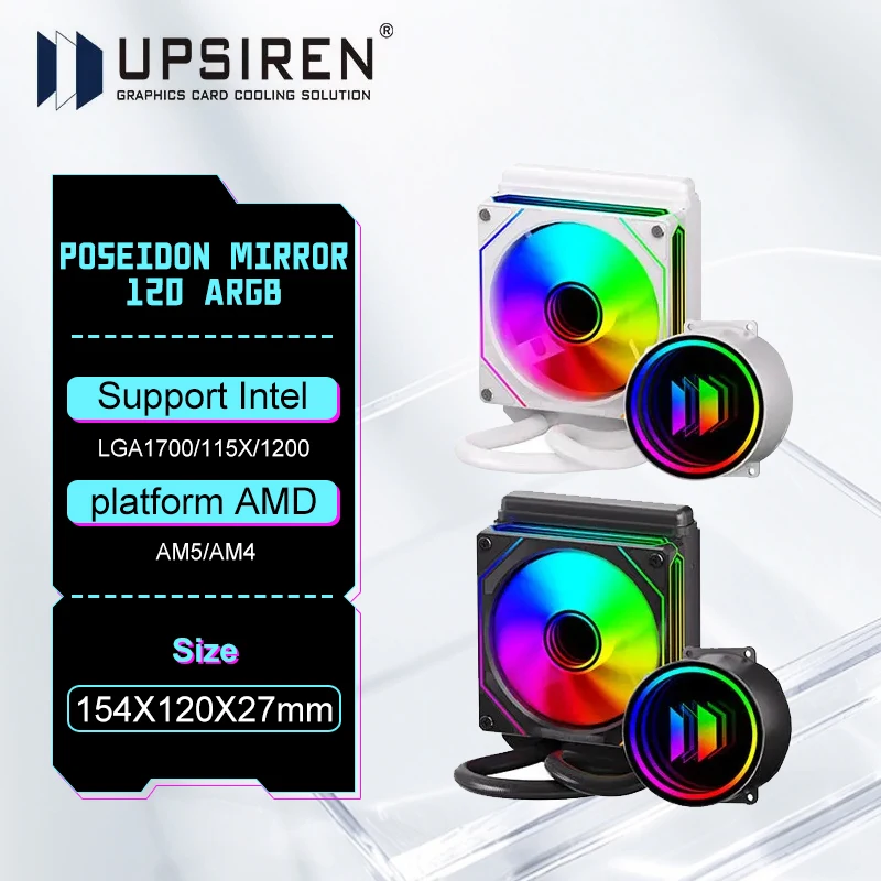 

Зеркало Посейдона UPSIREN 120 120 мм Универсальное зеркало с водяным охлаждением Бесконечное зеркало Дизайн холодной головы ARGB Поддержка вентиляторов с ШИМ LGA1700 AMD AM5