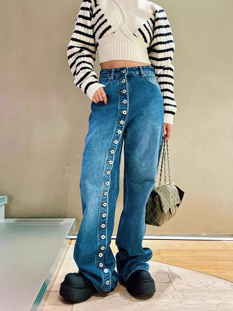 Women's Continuous Button Design High Waisted Jeans Cool Girl Streetwear Fashion Pants Female Casual Blue Denim Trouser