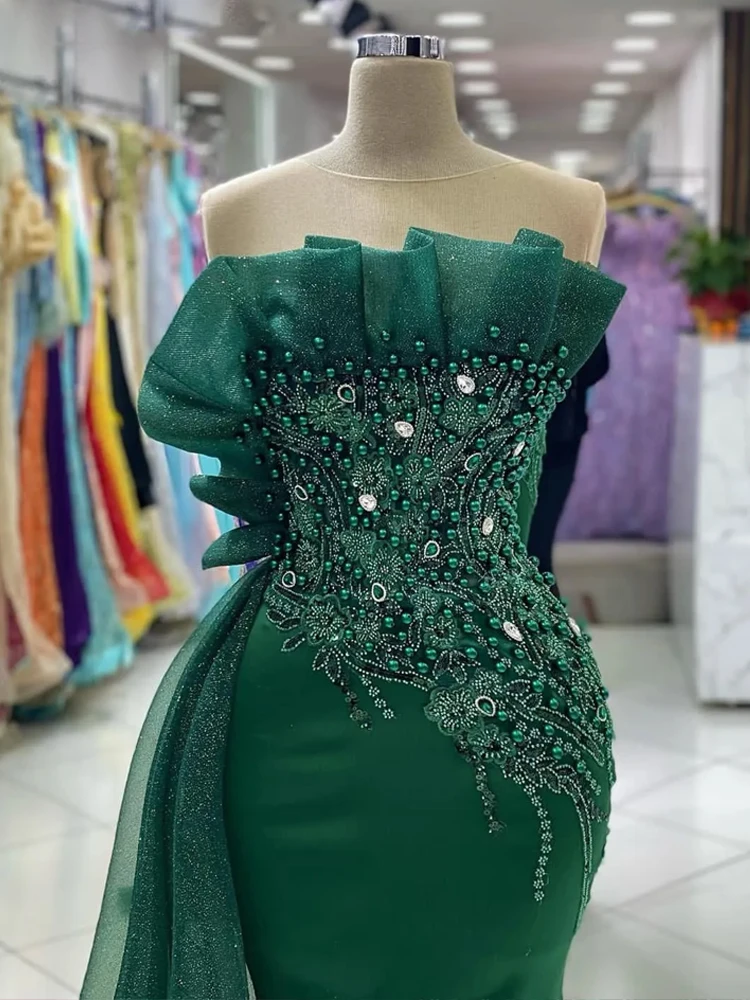 Gaun Prom putri duyung hijau manik-manik kristal applique pesta malam Formal resepsi kedua gaun tunangan ulang tahun jubah De Soiree