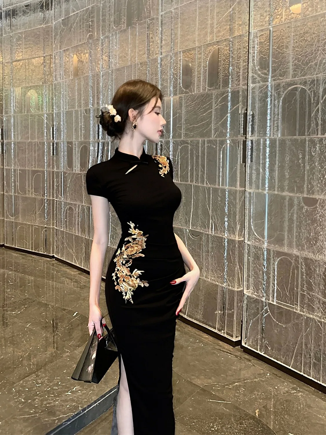 

Ретро-платье в китайском стиле с вышивкой, черное, с асимметричным подолом, повседневное, уникальное, женское, модное, с завышенной талией, юбка