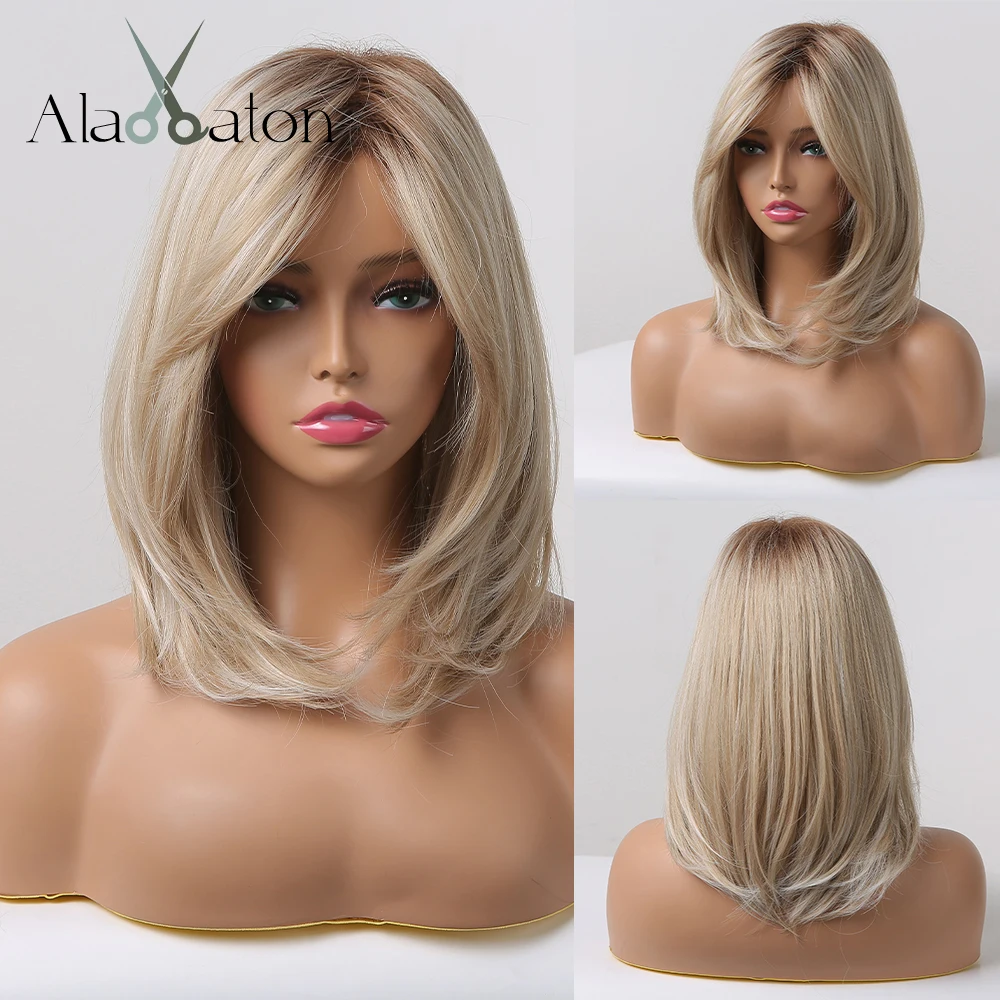 ALAN EATON Warstwowe peruki syntetyczne z grzywką Proste krótkie pasemka Blond włosy Peruka dla kobiet Naturalne codzienne peruki Cosplay