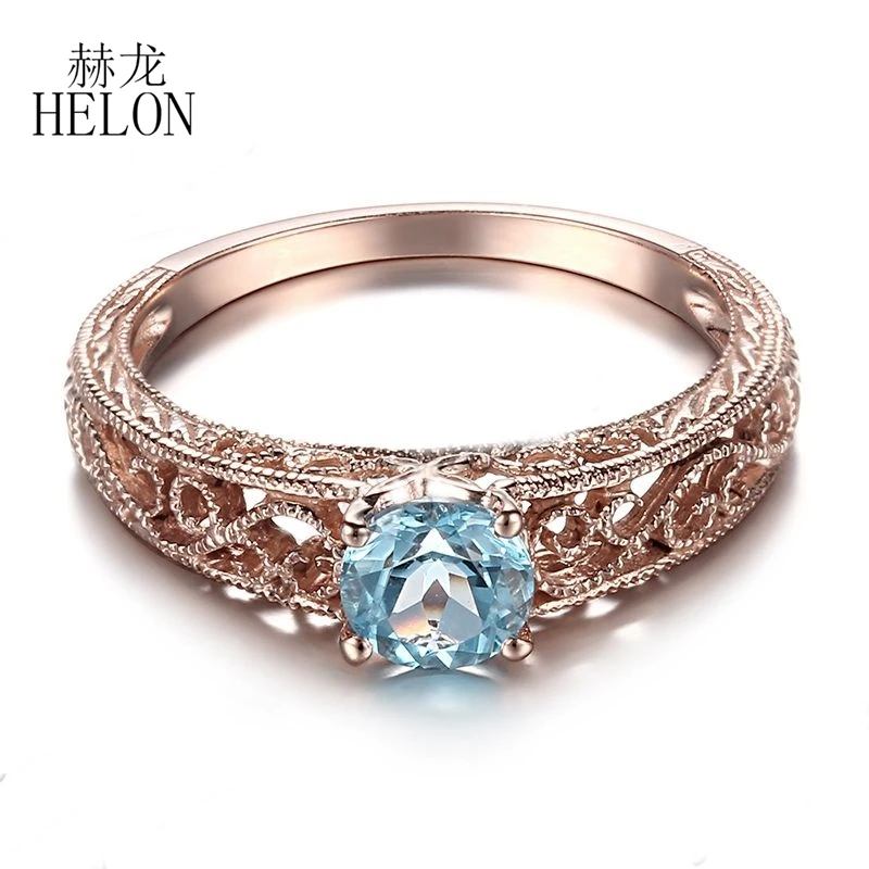 

HELON Solid 14K 18k Rose Gold Flawless Round 5mm Genuine Blue Topaz Engagement Wedding Ring Women Vintage Fine Jewelry Gift