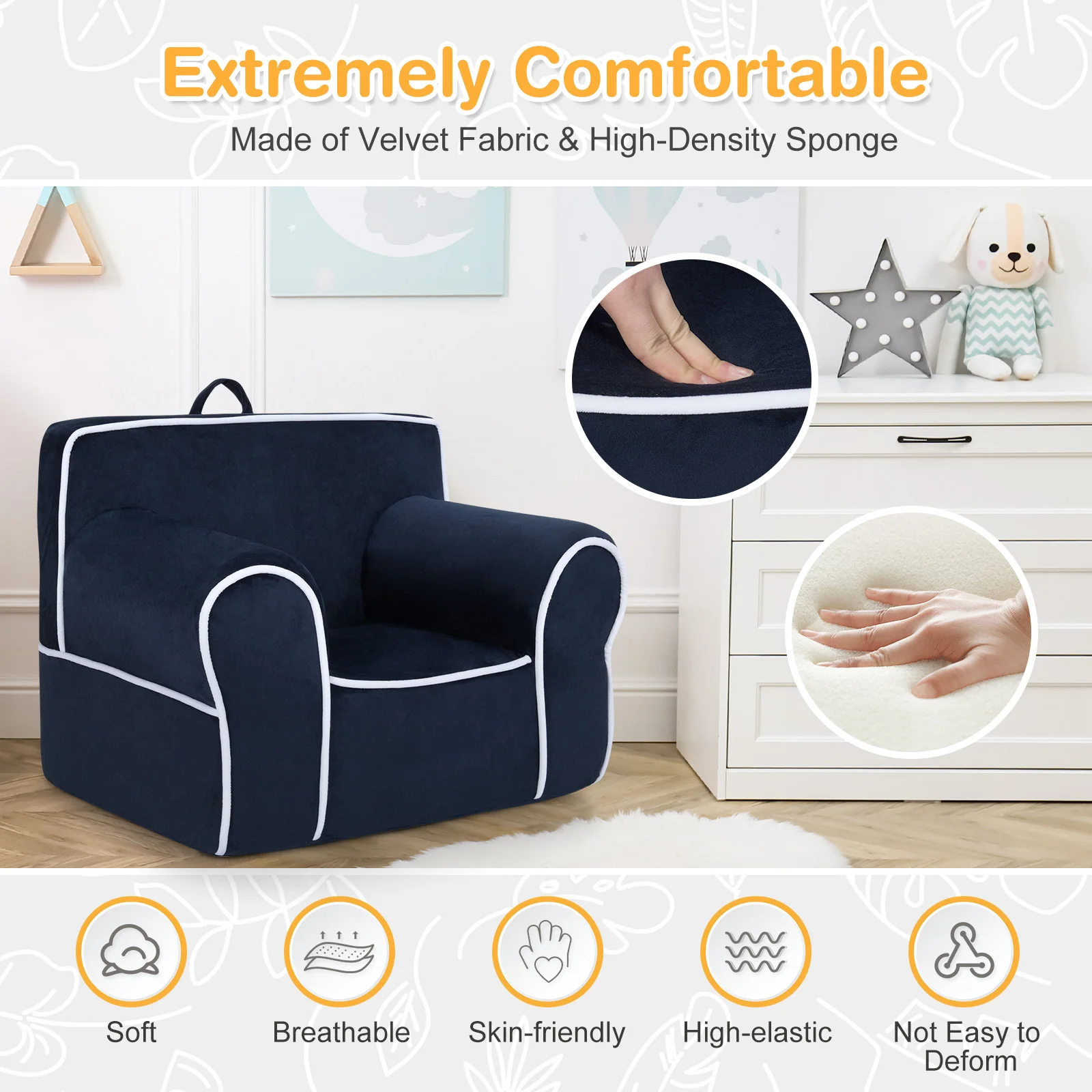 Fauteuil rempli de mousse pour enfants, canapé pour tout-petits, tissu velours, cadeau bébé, bleu marine