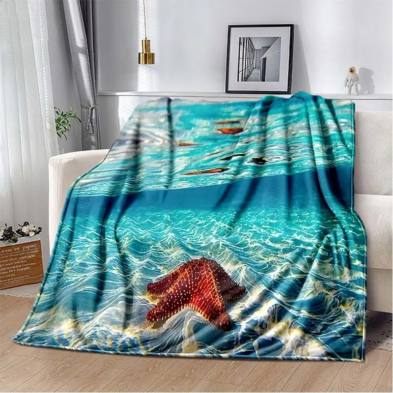 3D Ocean Beach Pebble Shell Scenery Print Flannel Blanket Soft Warm Throw For Couch Bedroom Living Room Indoor Home Decor Gift