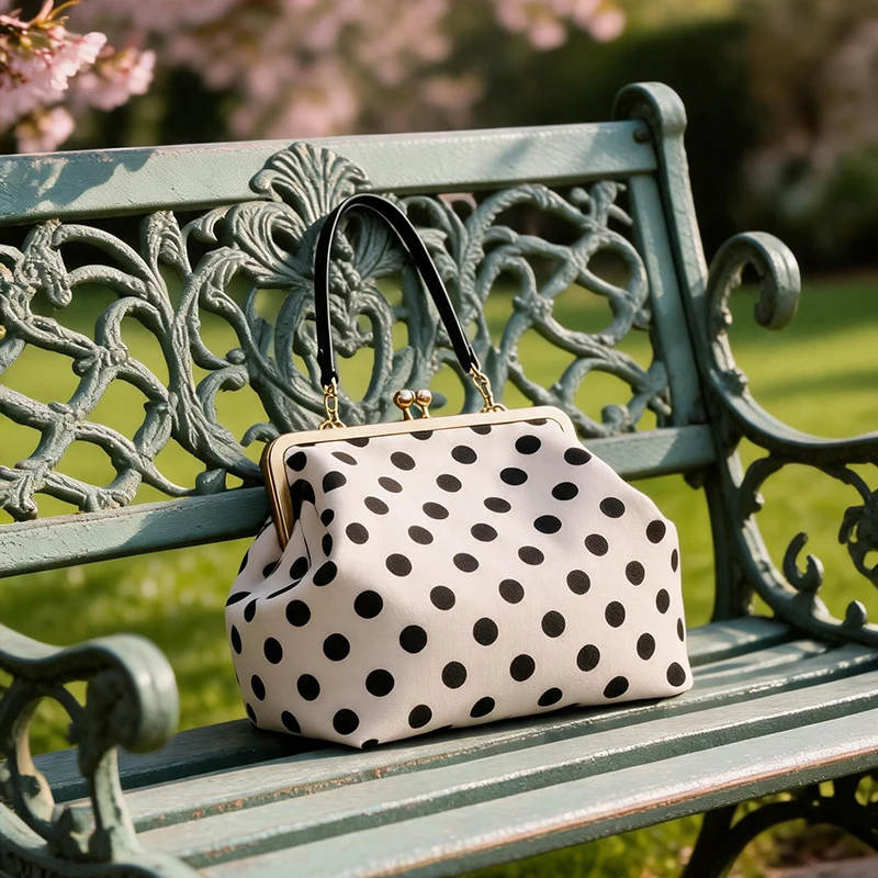 Schwarz-weiß gepunktete Damenhandtasche mit Verschlussrahmen, große Umhängetasche, Vintage-PU-Tragetasche für den Alltag – Detail 9