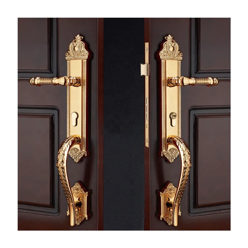 Luxury Villa European Style Main Entrance Wooden Door Double Door Brass Lock With False Handle
