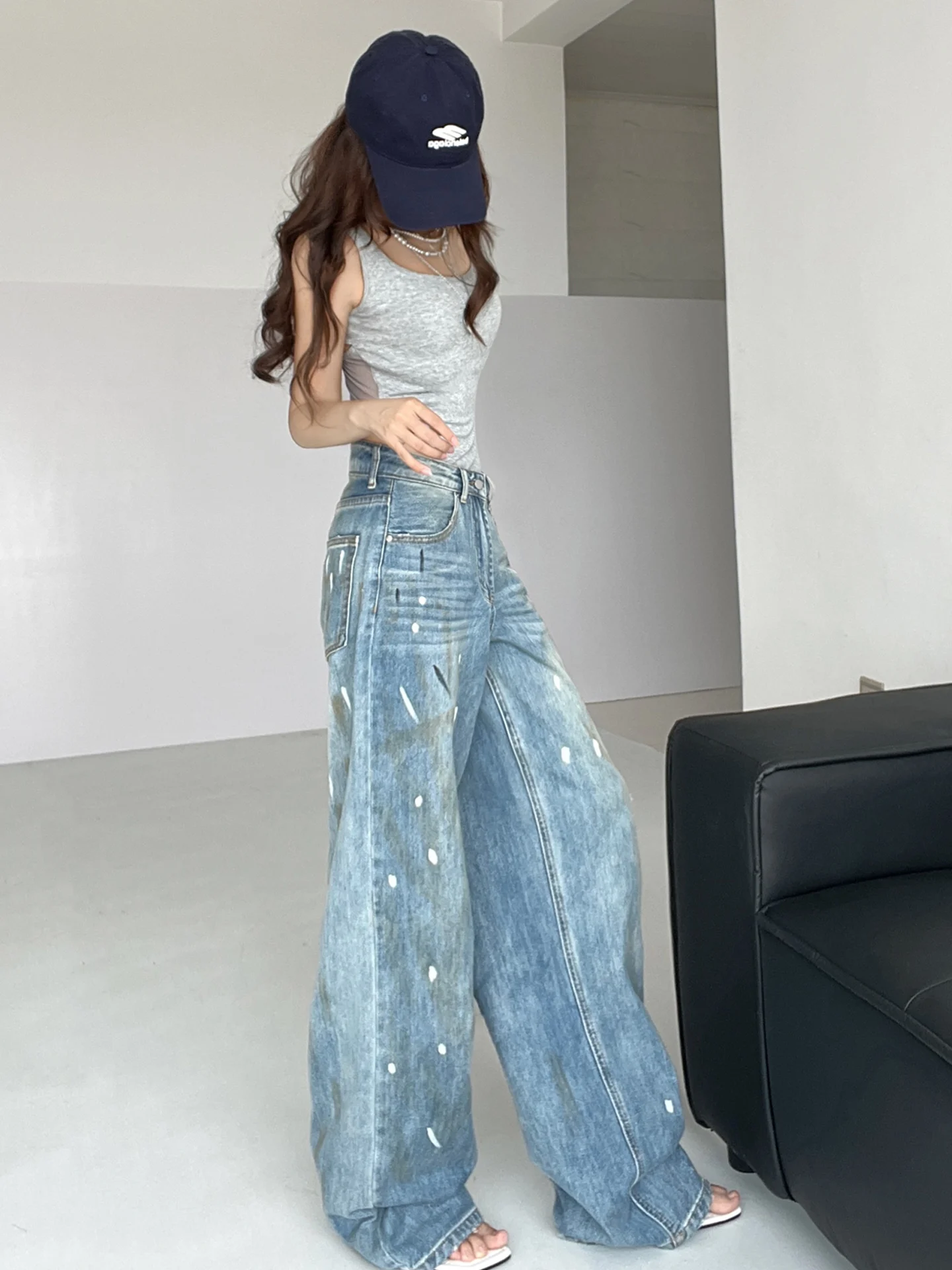 

Street fiti Dirtied Jeans Женские дизайнерские брюки Four Seasons длиной до пола, широкие джинсовые брюки прямого кроя New York Sle