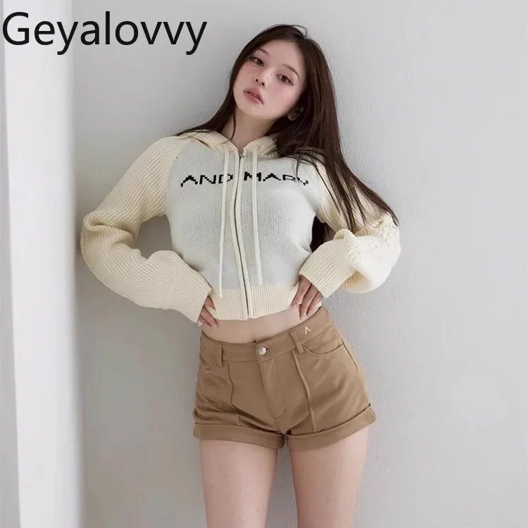 النمط الياباني الحلو متعدد الاستخدامات للفتيات رسالة الجاكار سستة محبوك كم طويل مقنع سترة قصيرة سستة + بروتيل