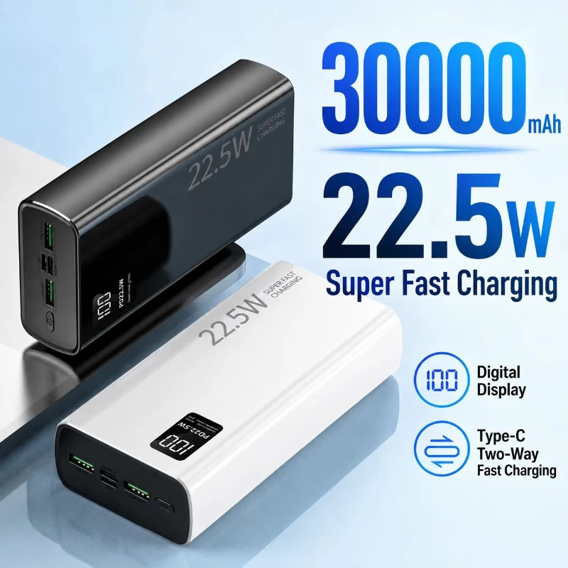 2026 New Power Bank 30000mAh 22.5W Super Fast Charging Large Capacity Digital Display Powerbank for IPhone Samsung Xiaomi