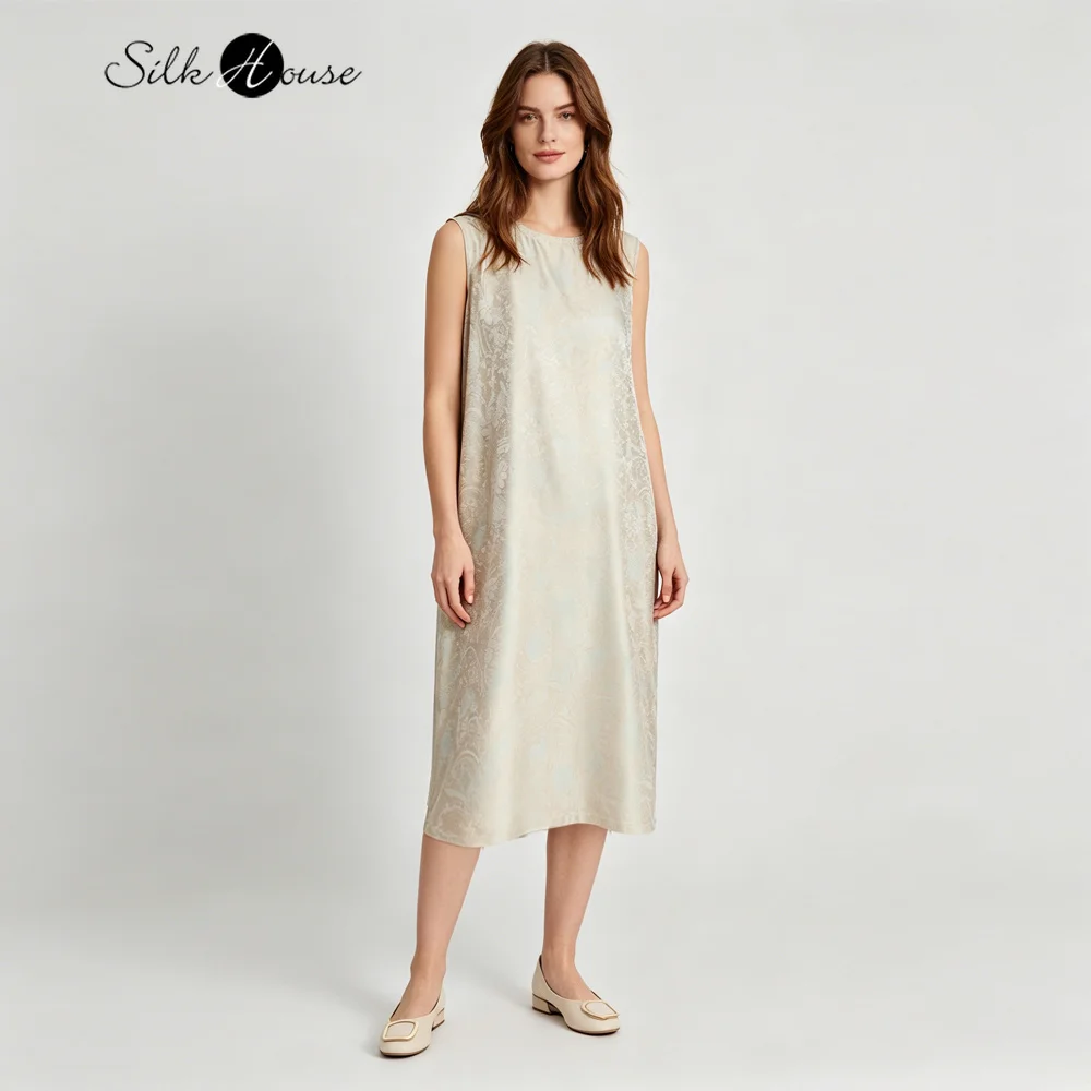 

2026 Women's Summer New Light Gold Floating Flower Versatile 100% Natural Mulberry Silk Yunxia Brocade Round Neck Tank Top Dress