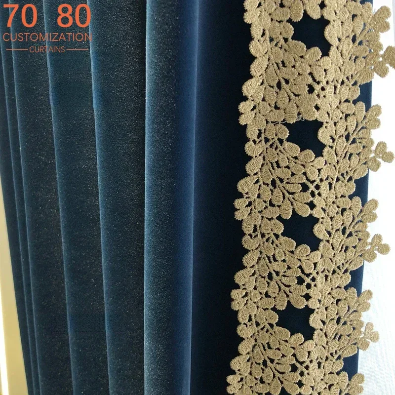 

Blue Flannelette Lace Mosaic Embroidered Window Screen Curtains for Living Room Bedroom French Window Customized Valance
