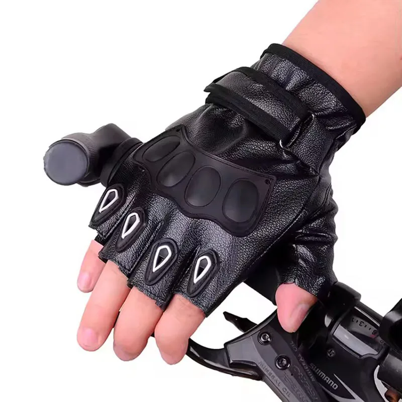 Men's Half Finger Leather Fitness Gloves Bike Sport Gloves Gym Exercise Men Black Rivets Punk Gloves