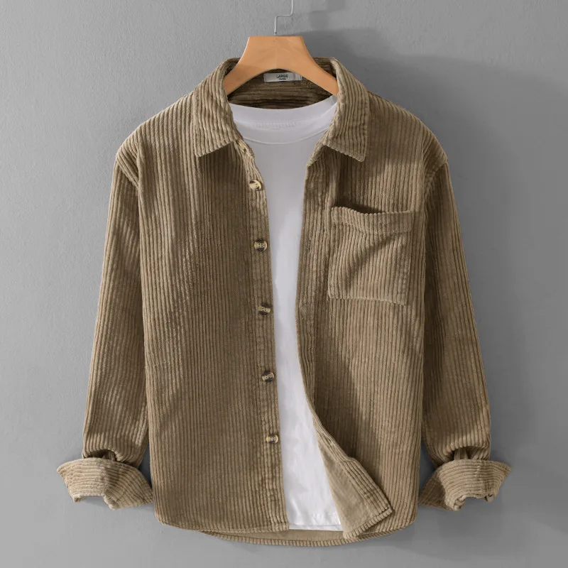 Men's Spring and Autumn Retro Striped Corduroy Shirt Casual Fashion Thick Multi functional Top Japanese Jacket