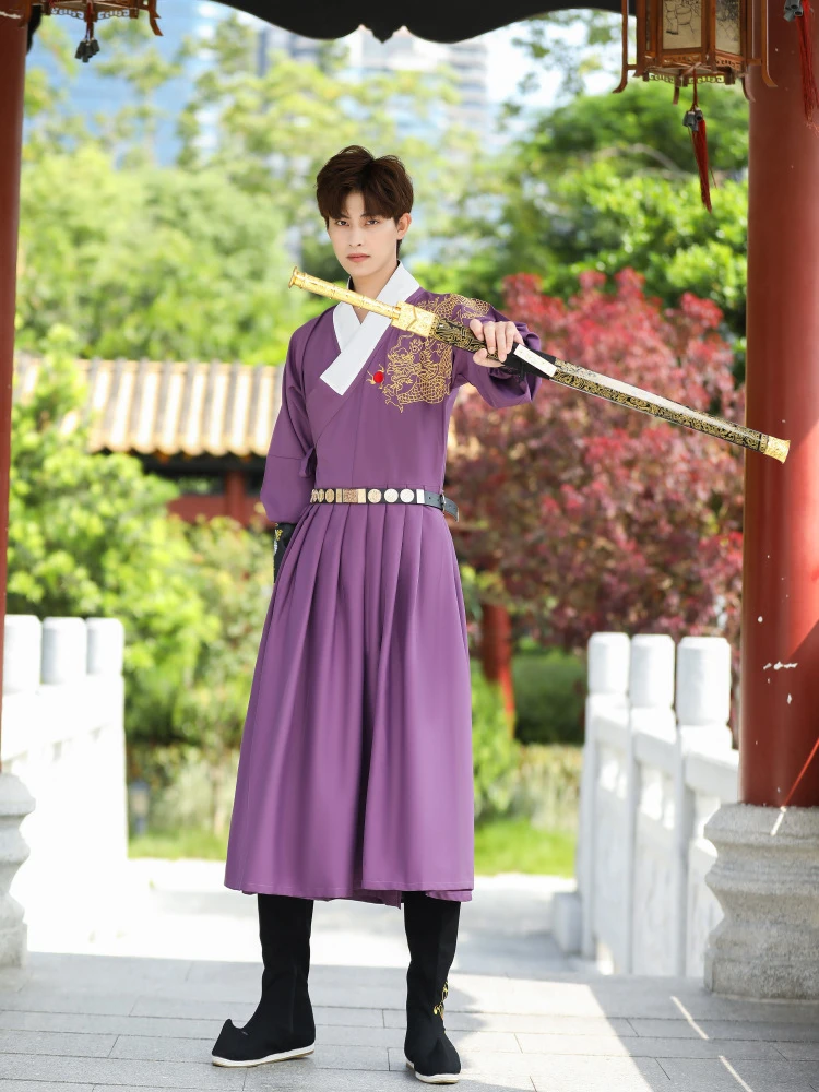 Hanfu tradicional chino para hombres, vestidos de espadachín, Cosplay púrpura, túnica de la dinastía Han, cinturón, brazaletes, disfraces étnicos, conjuntos completos de 3 piezas