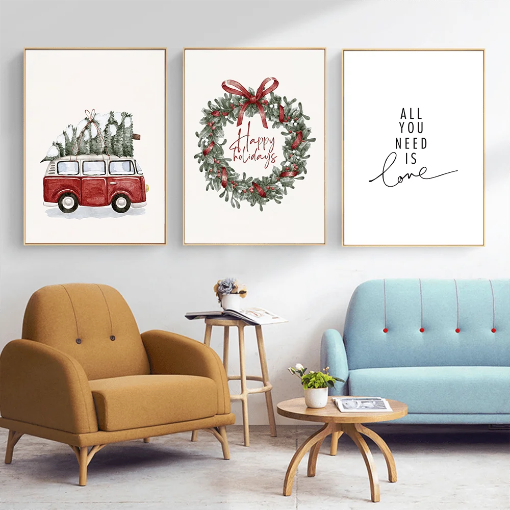 

3-Piece Christmas Canvas Wall Art Set - Classic and Art Deco Style Cartoon Christmas Tree, Deer and Holiday Wreath Print Poster