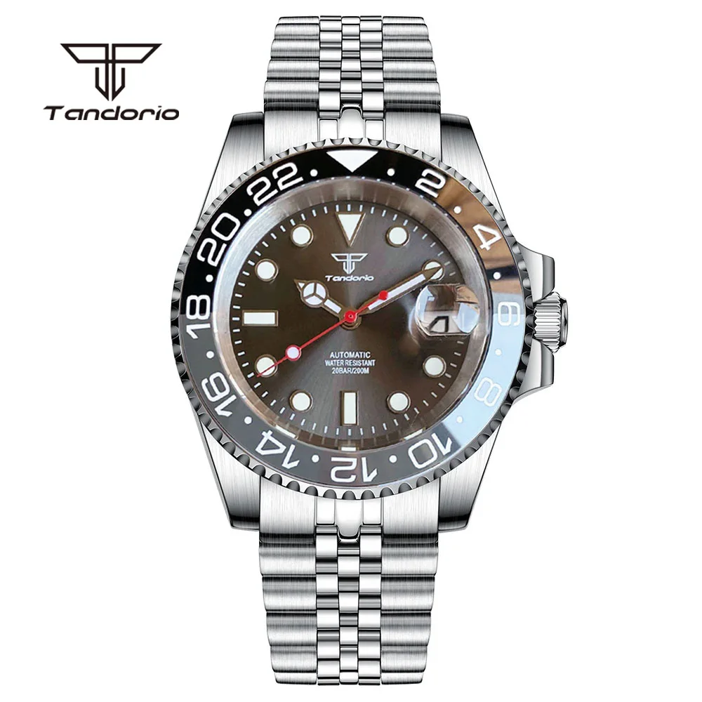 Tandorio Gray Sunburst Mechanical Automatic NH35 Men Watch Date Sapphire 40mm Dive Stainless Steel Wristwatch 20bar Luminous