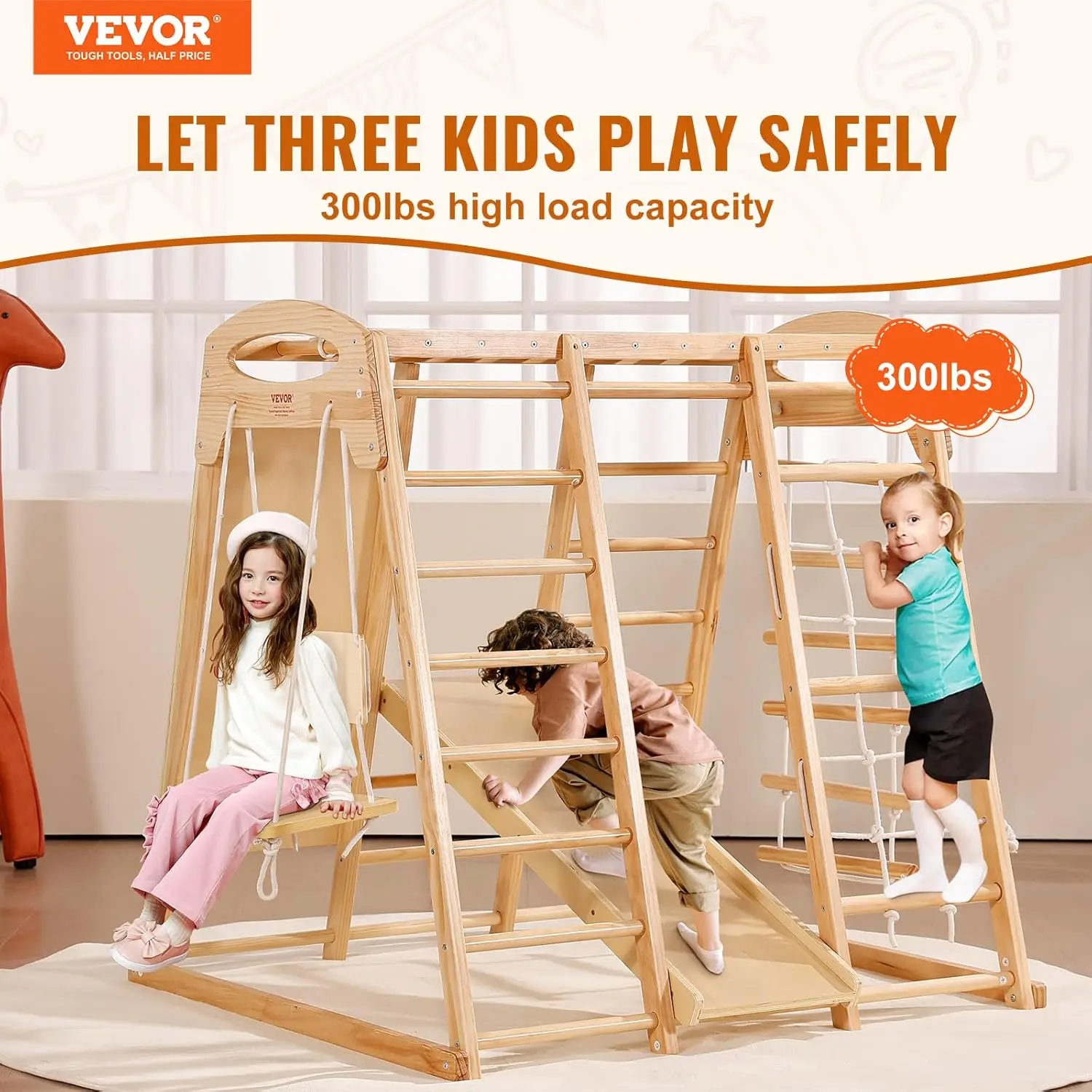 Large Size Indoor Jungle Gym, 7-in-1 Toddler Indoor Playground, Wooden Toddler Climbing Toys with Wood & Rope Ladder