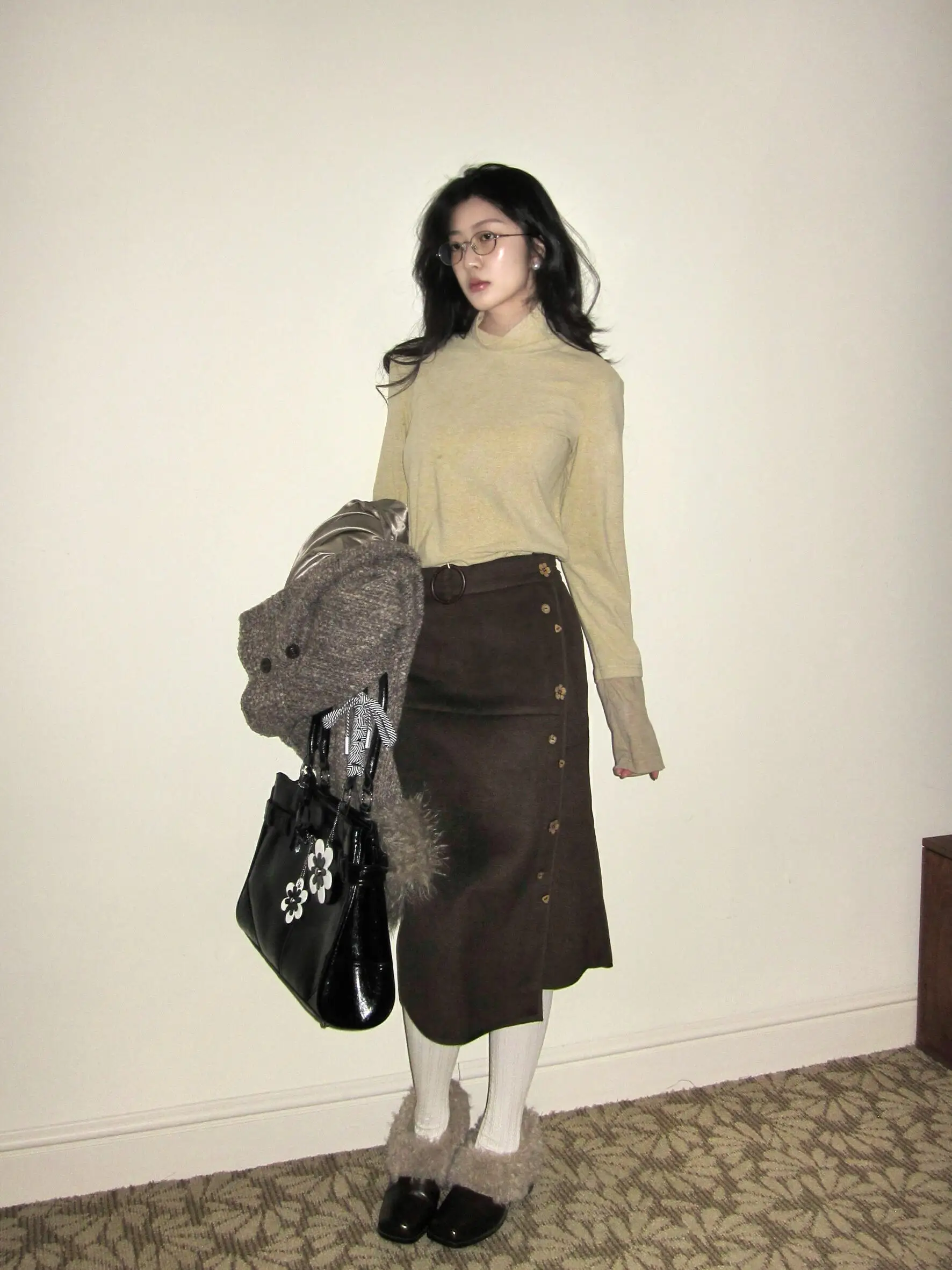 High Quality Casual Vintage Floral Buttoned Woolen  Skirt for Women Autumn Winter New Style City Commute Side Zipper