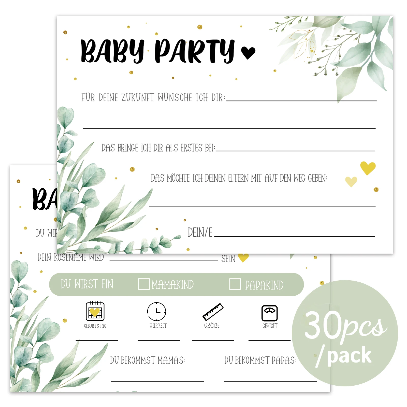 

Children's Party Essential Game Set 30 Double-Sided Cards - German Version - Eucalyptus Golden Decoration Design Fun Games - Per