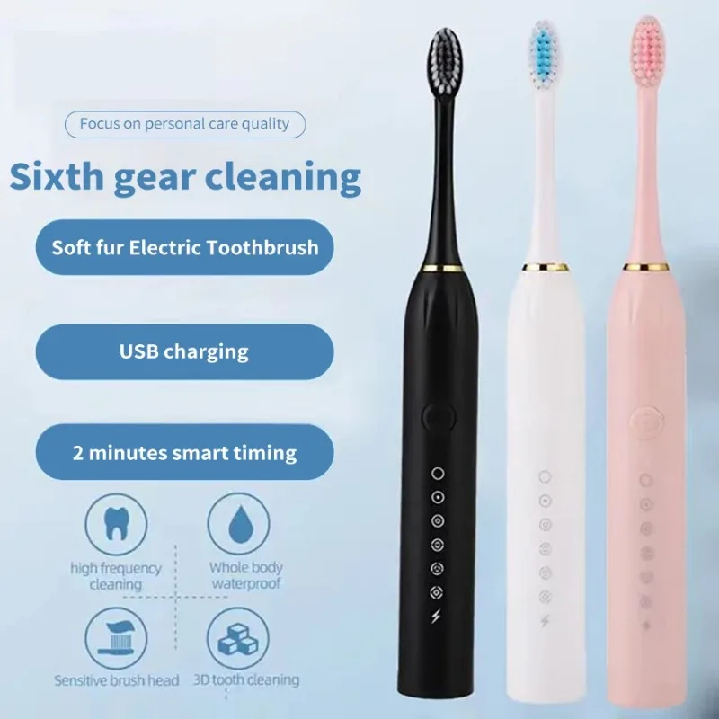 Electric Ultrasonic Toothbrush 6-Speed USB Rechargeable Waterproof Soft Bristles for Adults