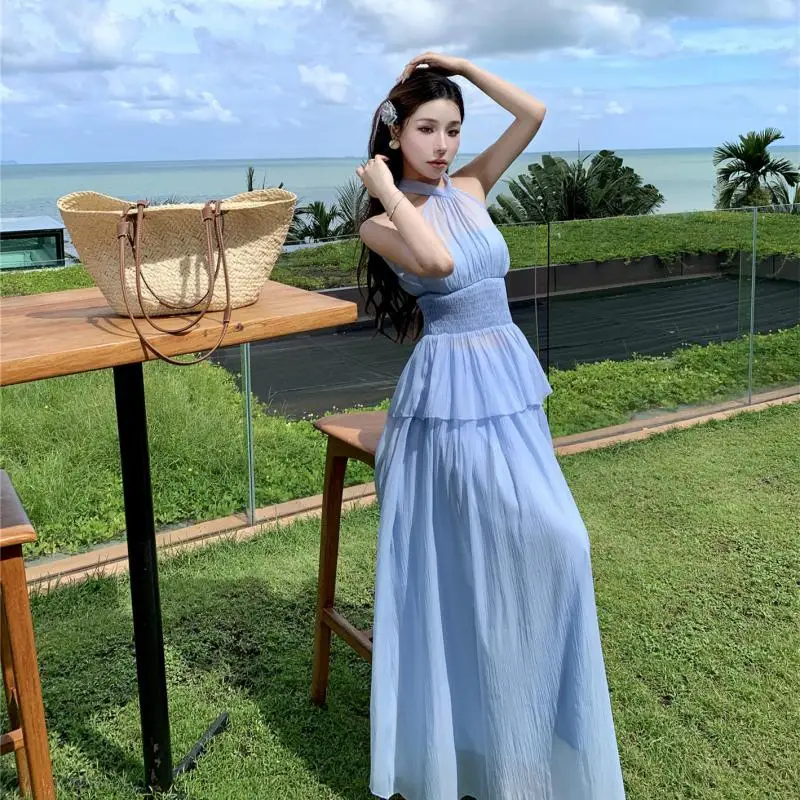 

Holiday Fairy 2 Piece Sets Outfit Women Sexy Halter Neck Sleeveless Pleater Top + A-line Long Skirt French Two Piece Set Summer