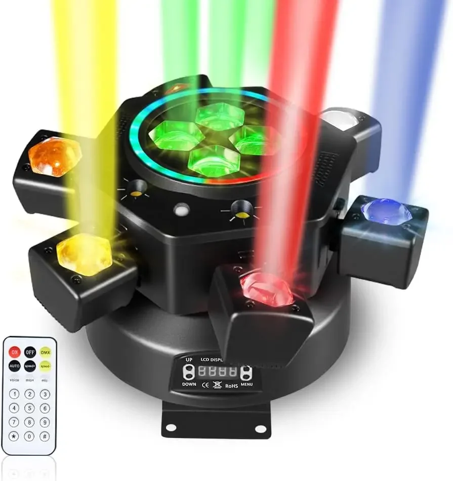 

MINGJIE 6-Arm Moving Head Stage Lights 150W, RGBW 4-in-1 LED Stage Lighting with Strobe & Bee-Eye Effect, DJ Light DMX512/Sound-