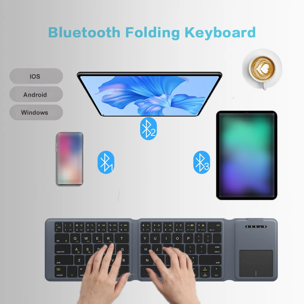 Rechargable Bluetooth Wireless Keyboard with Touchpad,Portable Tri-Folding Wireless Travel Keyboard for PC/Laptop/Tablet-Grey